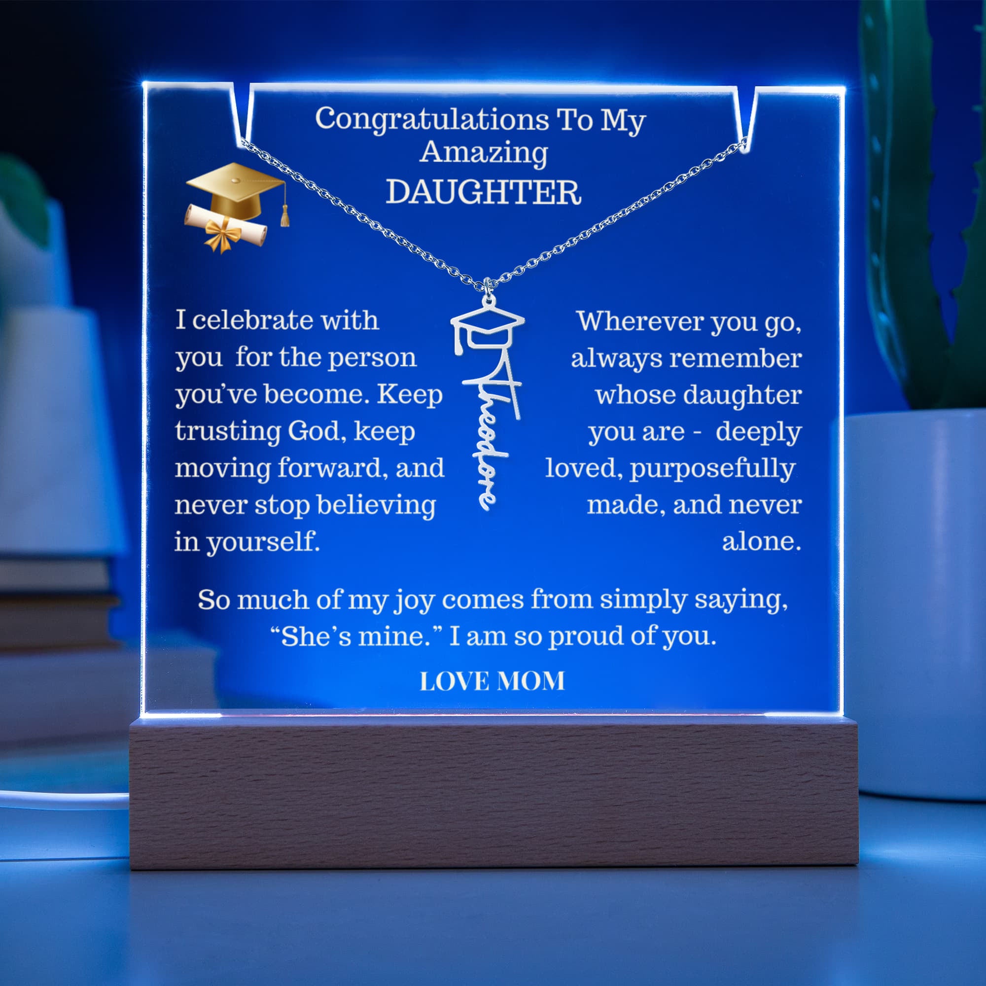 To My Amazing Daughter, Keepsake Acrylic with Graduation Celebration Cap Name Necklace