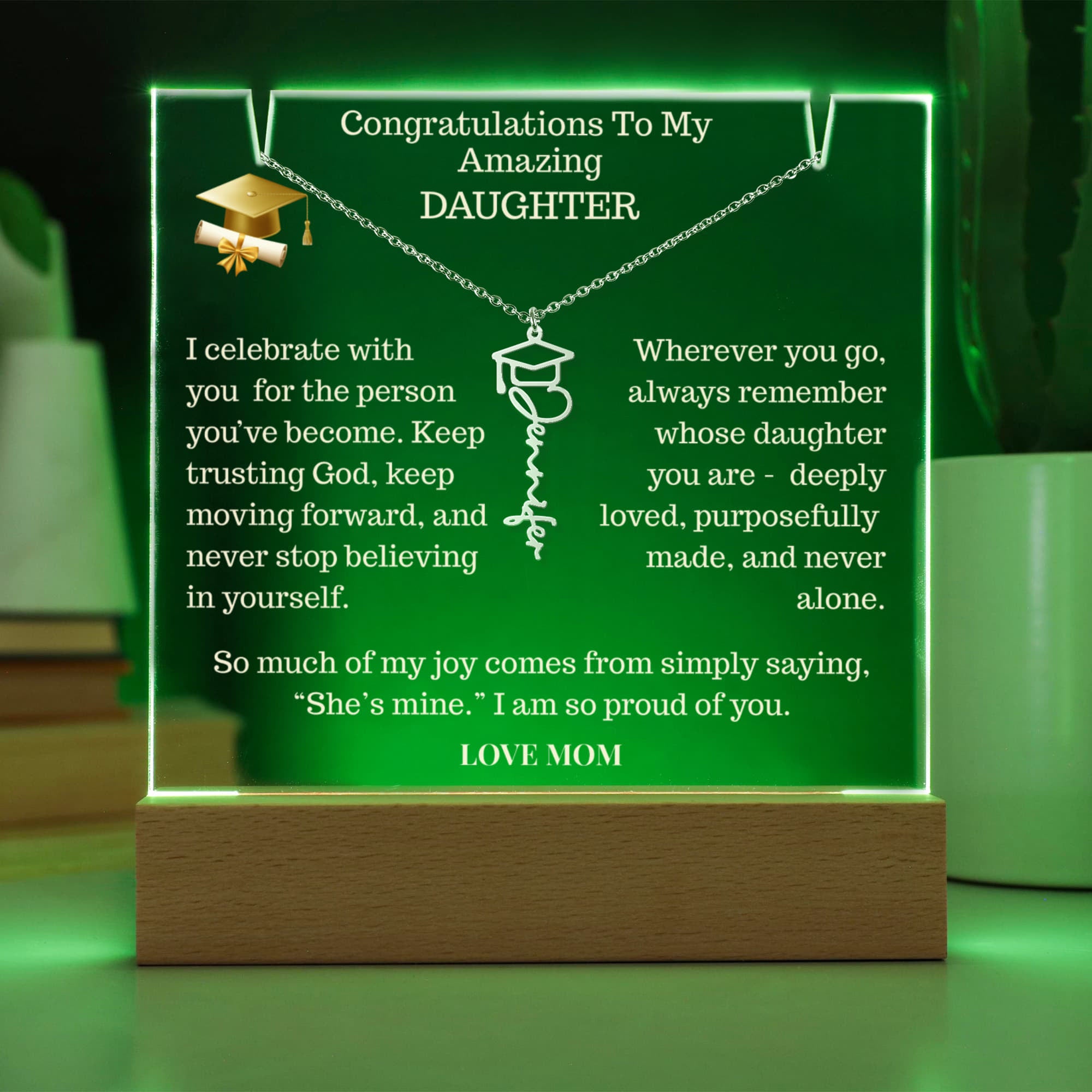 To My Amazing Daughter, Keepsake Acrylic with Graduation Celebration Cap Name Necklace