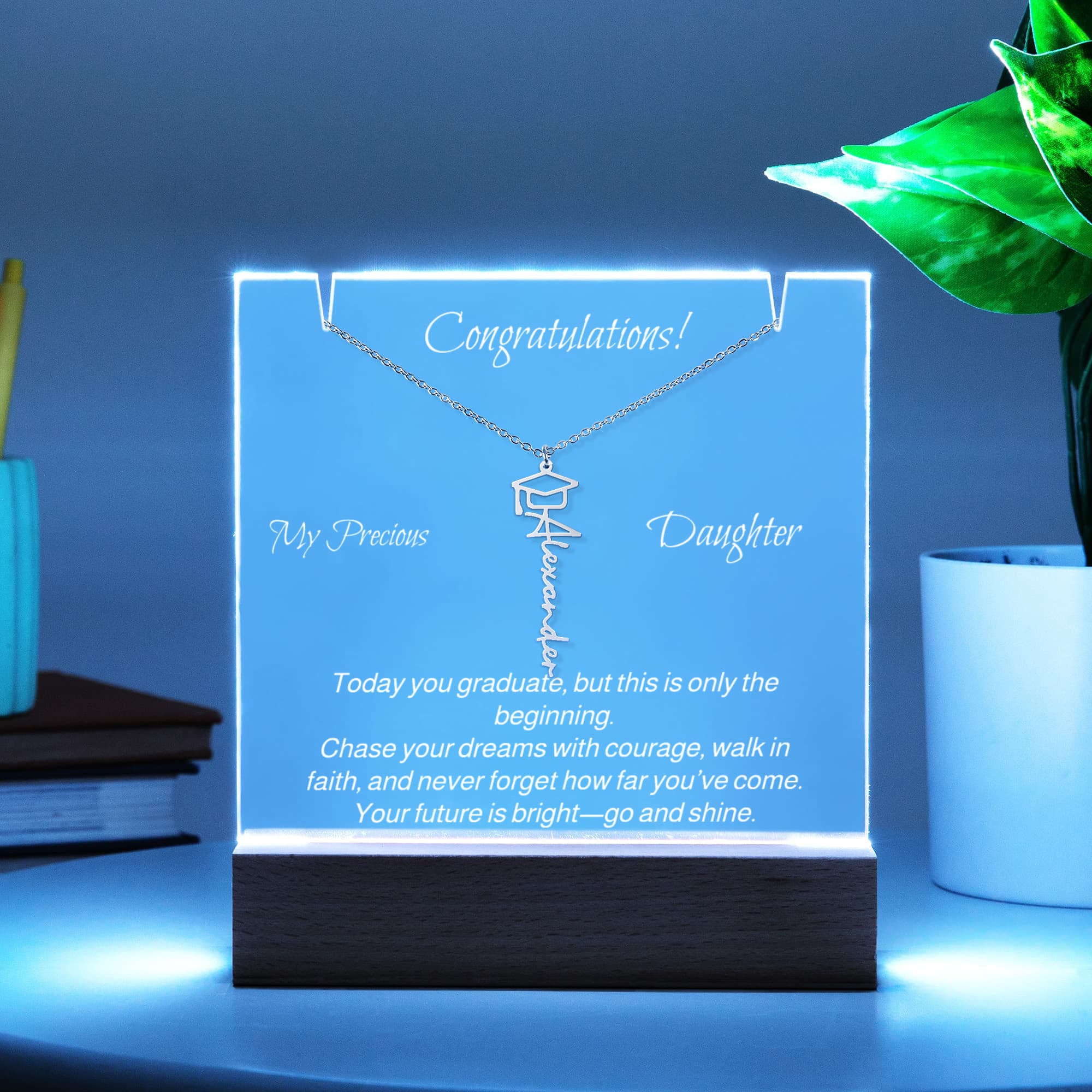 Congratulaton - Graduation Keepsake Acrylic with Graduation Cap Name Necklace