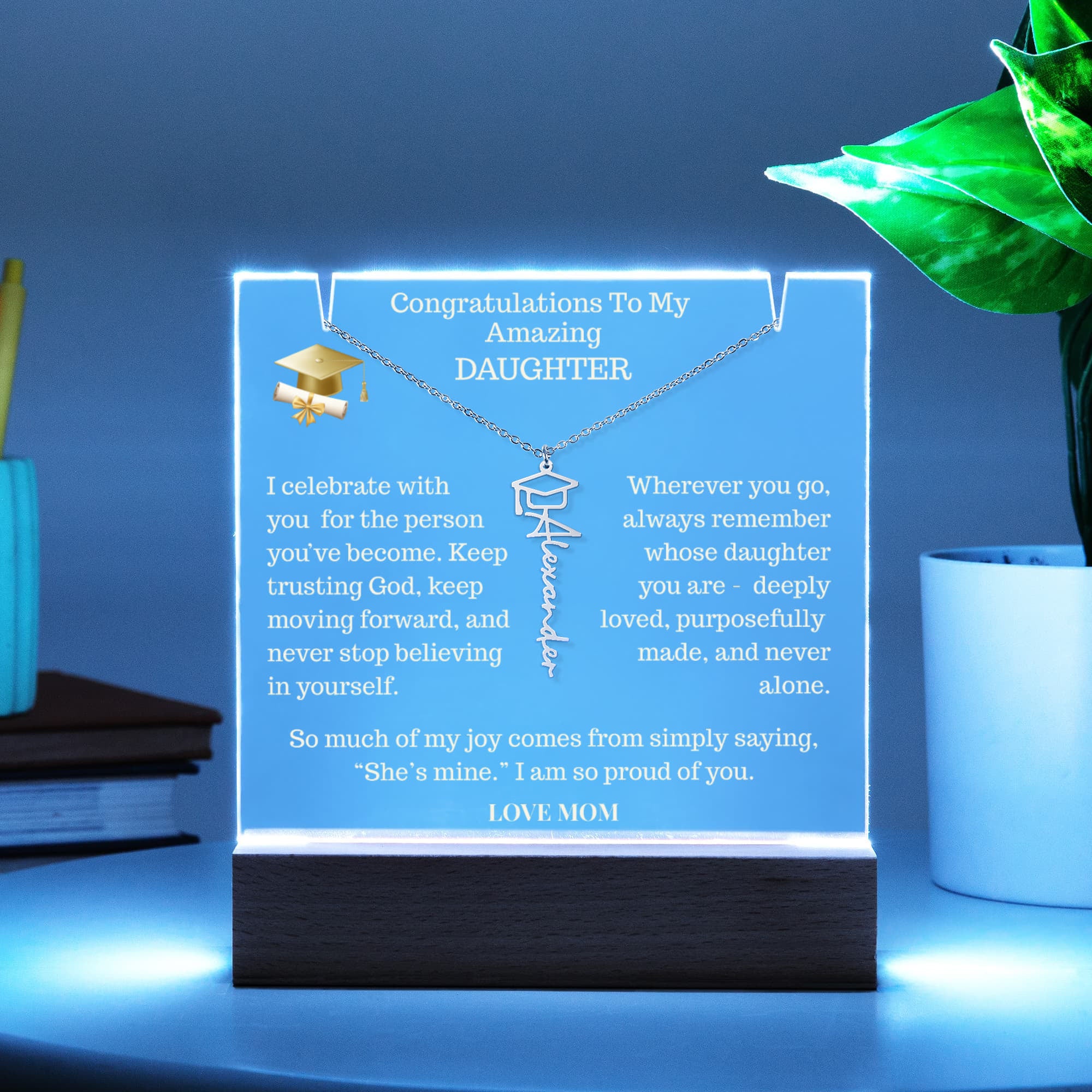 To My Amazing Daughter, Keepsake Acrylic with Graduation Celebration Cap Name Necklace