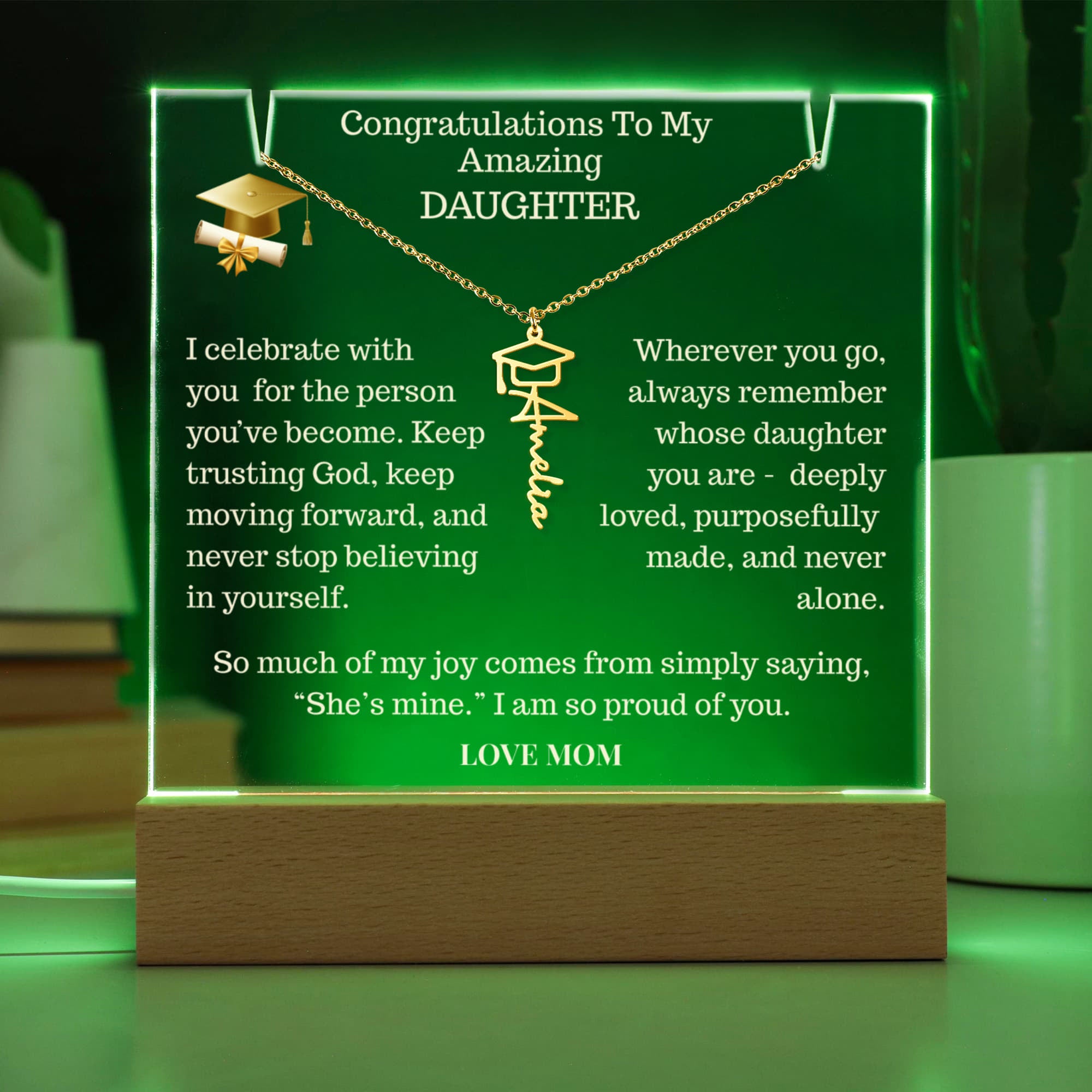 To My Amazing Daughter, Keepsake Acrylic with Graduation Celebration Cap Name Necklace