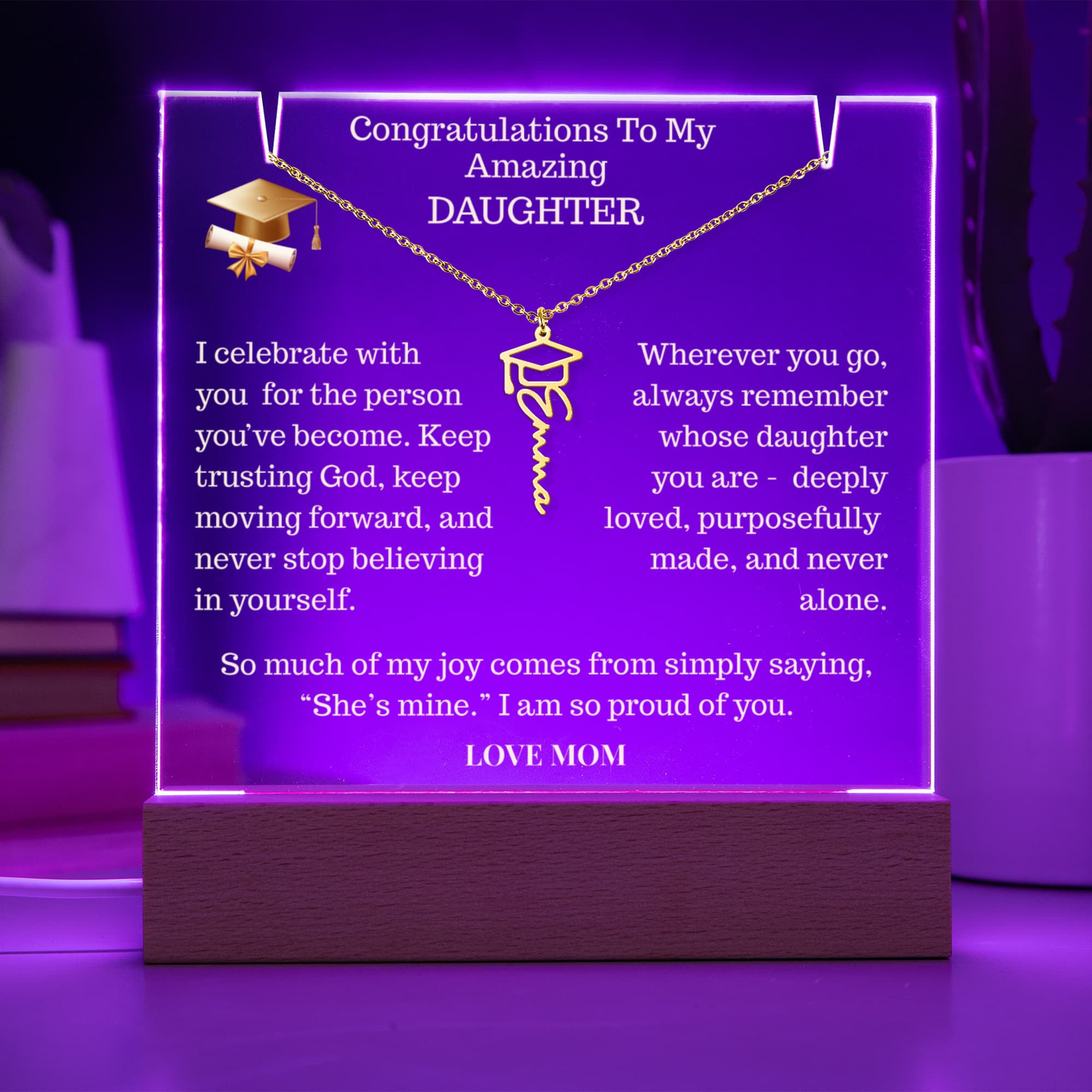 To My Amazing Daughter, Keepsake Acrylic with Graduation Celebration Cap Name Necklace