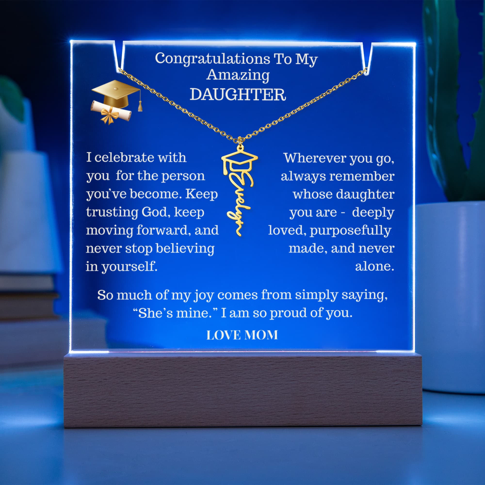 To My Amazing Daughter, Keepsake Acrylic with Graduation Celebration Cap Name Necklace