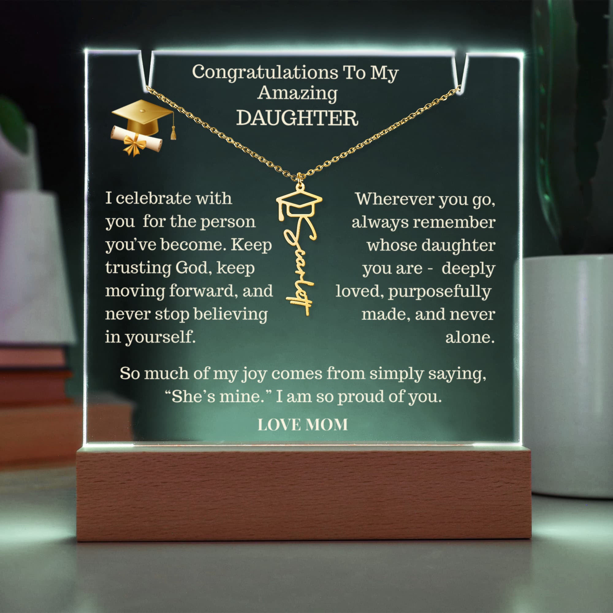 To My Amazing Daughter, Keepsake Acrylic with Graduation Celebration Cap Name Necklace